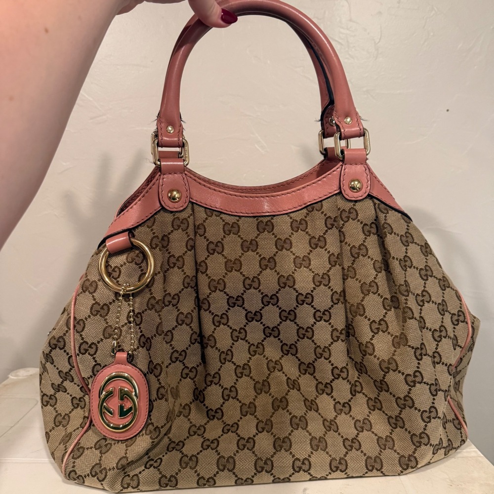 Gucci Sukey Tote Women Medium Beige Pink Good GG Monogram Canvas Leather Bag